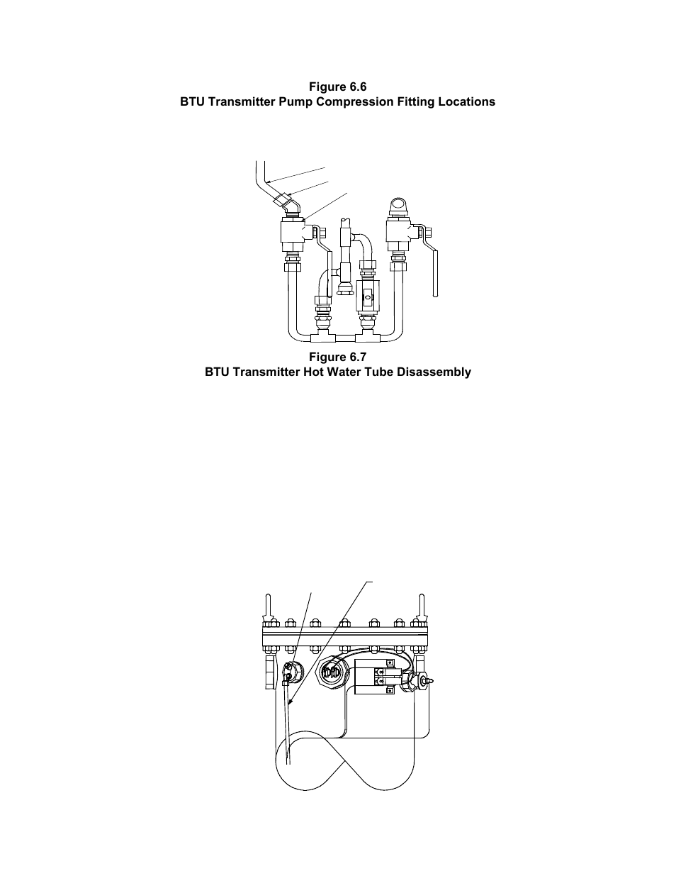 Figure 6.6, Btu transmitter pump compression fitting locations, Figure 6.7 | Btu transmitter hot water tube disassembly, Maintenance | AERCO KC1000 Heater 2002 User Manual | Page 48 / 106