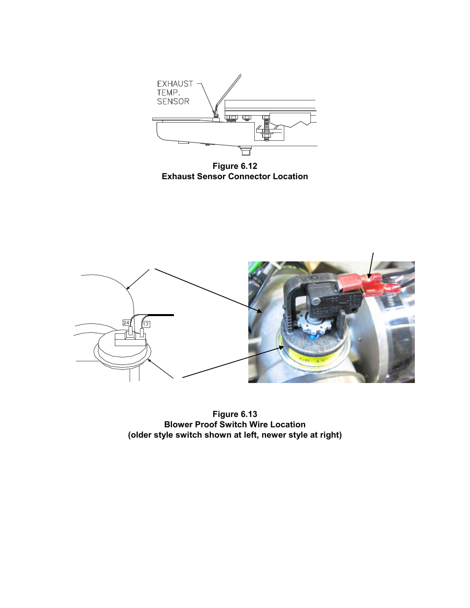 Figure 6.12, Exhaust sensor connector location, Figure 6.13 | Blower proof switch wire location, Maintenance | AERCO KC1000 Heater 2002 User Manual | Page 51 / 106