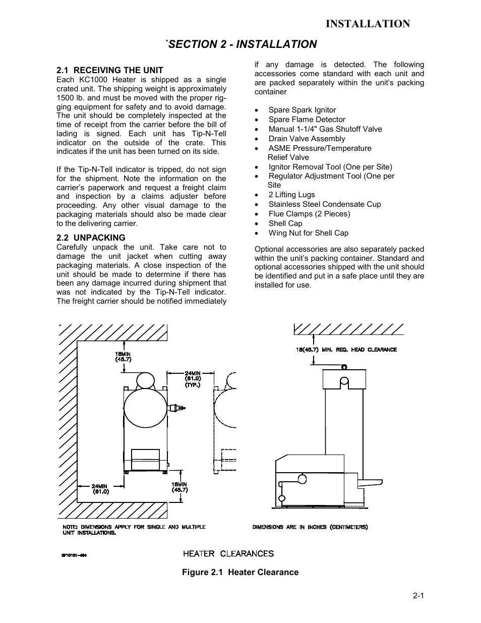 Kc-h-ch2-05-19-09, 1 receiving the unit, 2 unpacking | Installation | AERCO KC Series Equipped with C-More Controller for Massachusetts Only User Manual | Page 11 / 98