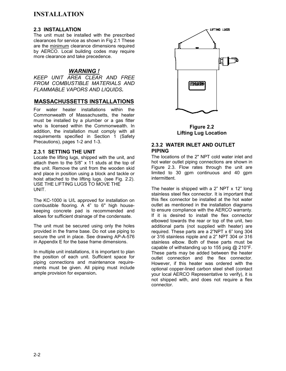 3 installation, 1 setting the unit, Figure 2.2 | Lifting lug location, 2 water inlet and outlet piping, Installation | AERCO KC Series Equipped with C-More Controller for Massachusetts Only User Manual | Page 12 / 98