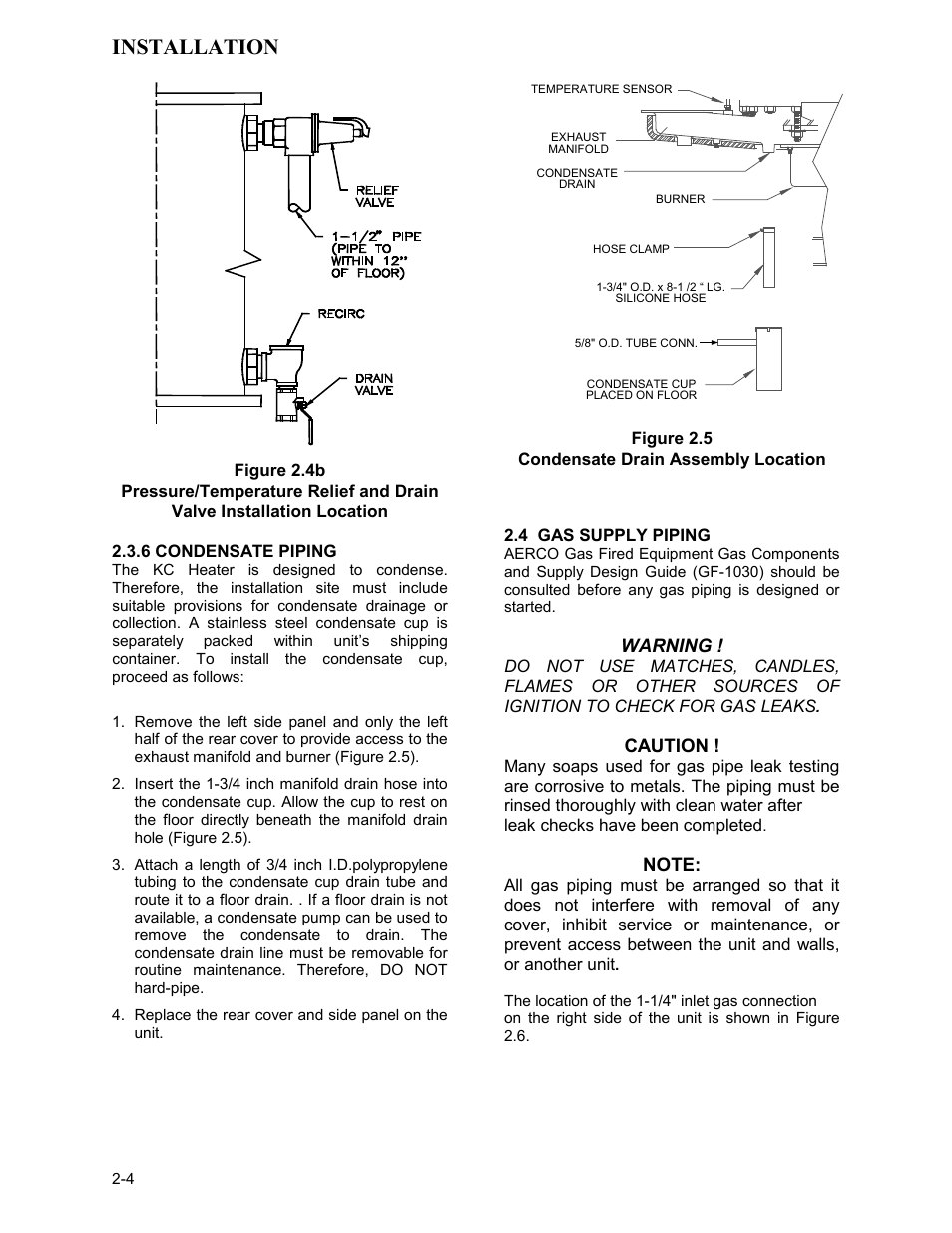 Figure 2.4b, Figure 2.5, Condensate drain assembly location | 4 gas supply piping, Installation | AERCO KC Series Equipped with C-More Controller for Massachusetts Only User Manual | Page 14 / 98