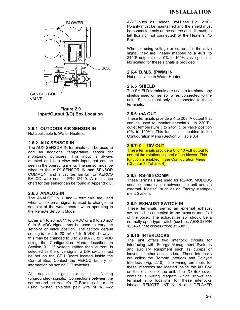 Figure 2.9, Input/output (i/o) box location, 7 0 – 10v out | Installation | AERCO KC Series Equipped with C-More Controller for Massachusetts Only User Manual | Page 17 / 98