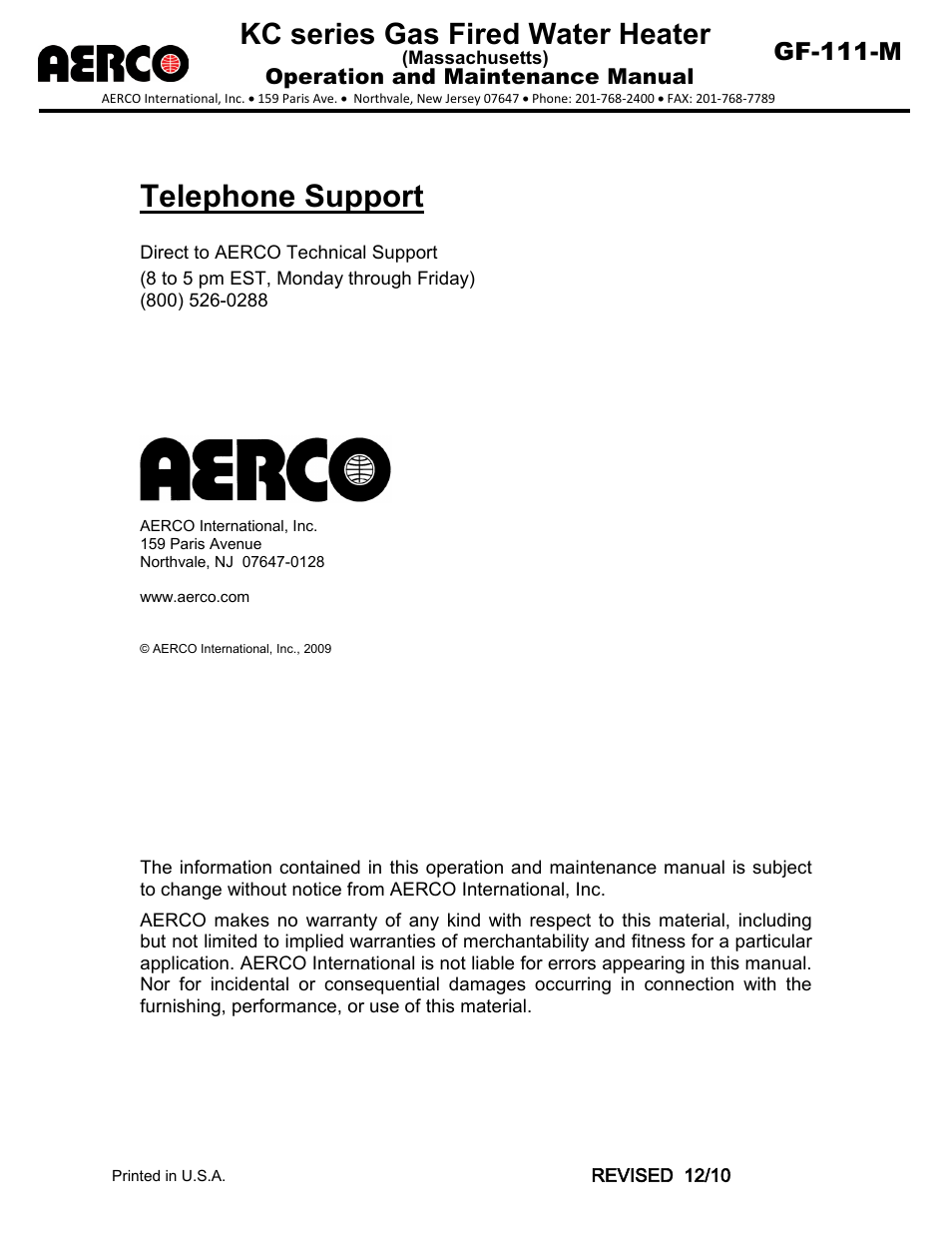 Utelephone support, Direct to aerco technical support, Telephone support | Kc series gas fired water heater, Gf-111-m, Operation and maintenance manual | AERCO KC Series Equipped with C-More Controller for Massachusetts Only User Manual | Page 2 / 98