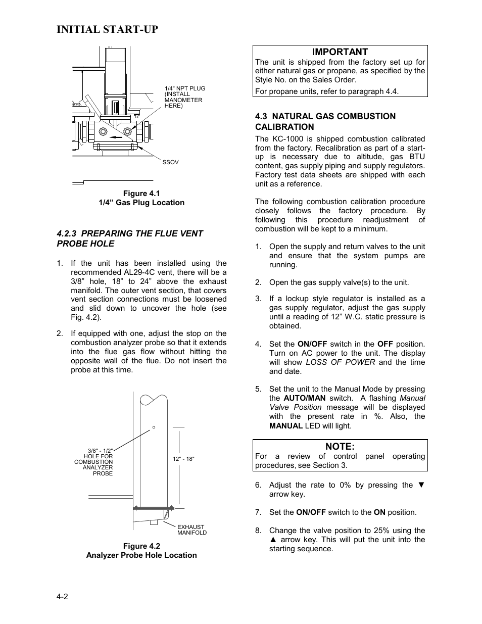 Figure 4.1, 1/4” gas plug location, 3 preparing the flue vent probe hole | Figure 4.2, Analyzer probe hole location, 3 natural gas combustion calibration, Initial start-up | AERCO KC Series Equipped with C-More Controller for Massachusetts Only User Manual | Page 32 / 98