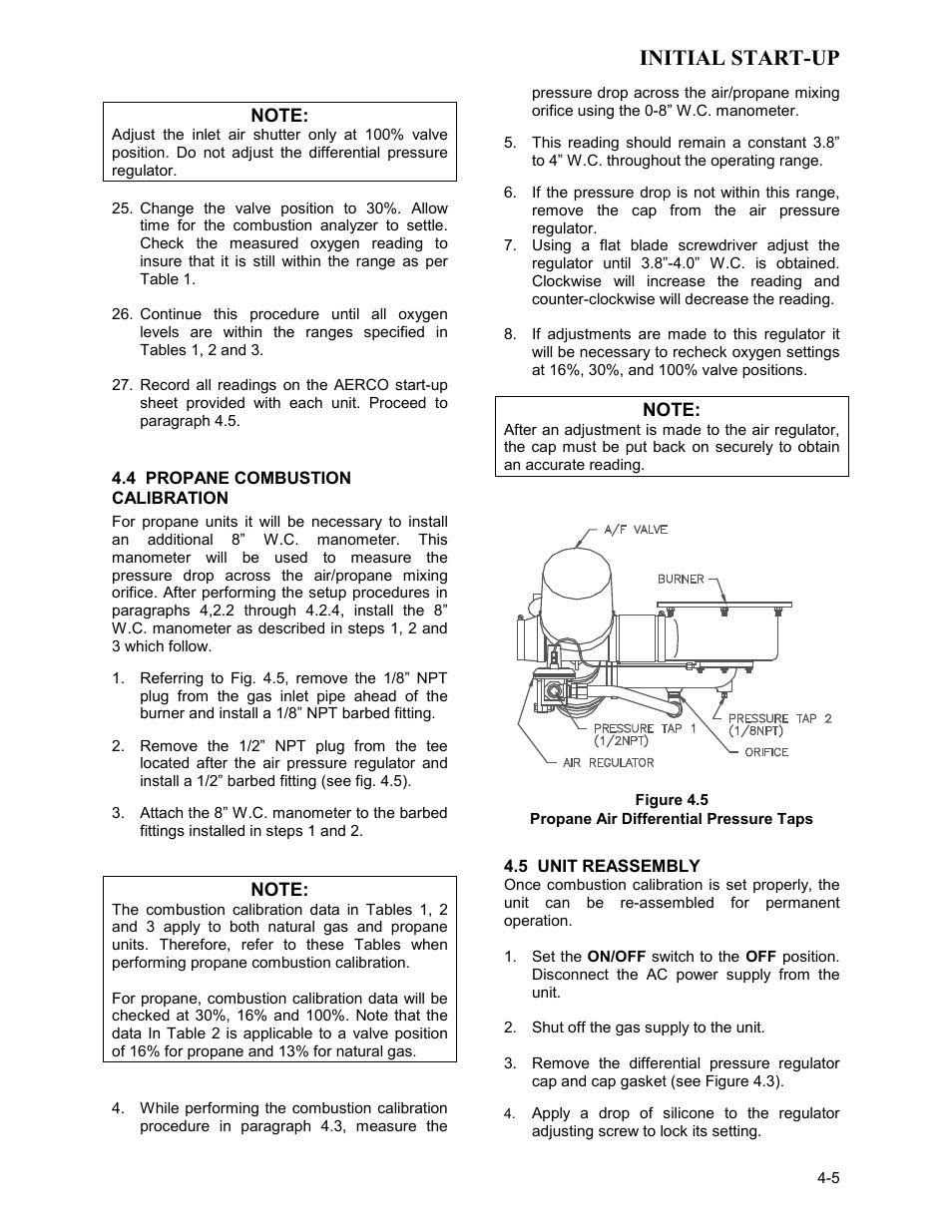 4 propane combustion calibration, Propane air differential pressure taps, Initial start-up | AERCO KC Series Equipped with C-More Controller for Massachusetts Only User Manual | Page 35 / 98