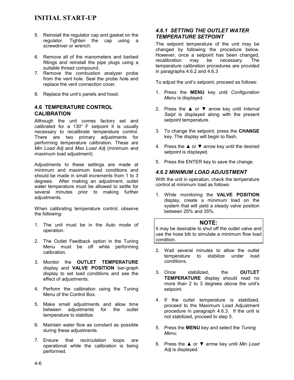 6 temperature control calibration, 1 setting the outlet water temperature setpoint, 2 minimum load adjustment | Initial start-up | AERCO KC Series Equipped with C-More Controller for Massachusetts Only User Manual | Page 36 / 98