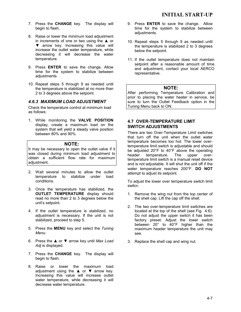 3 maximum load adjustment, 7 over-temperature limit switch adjustments, Initial start-up | AERCO KC Series Equipped with C-More Controller for Massachusetts Only User Manual | Page 37 / 98
