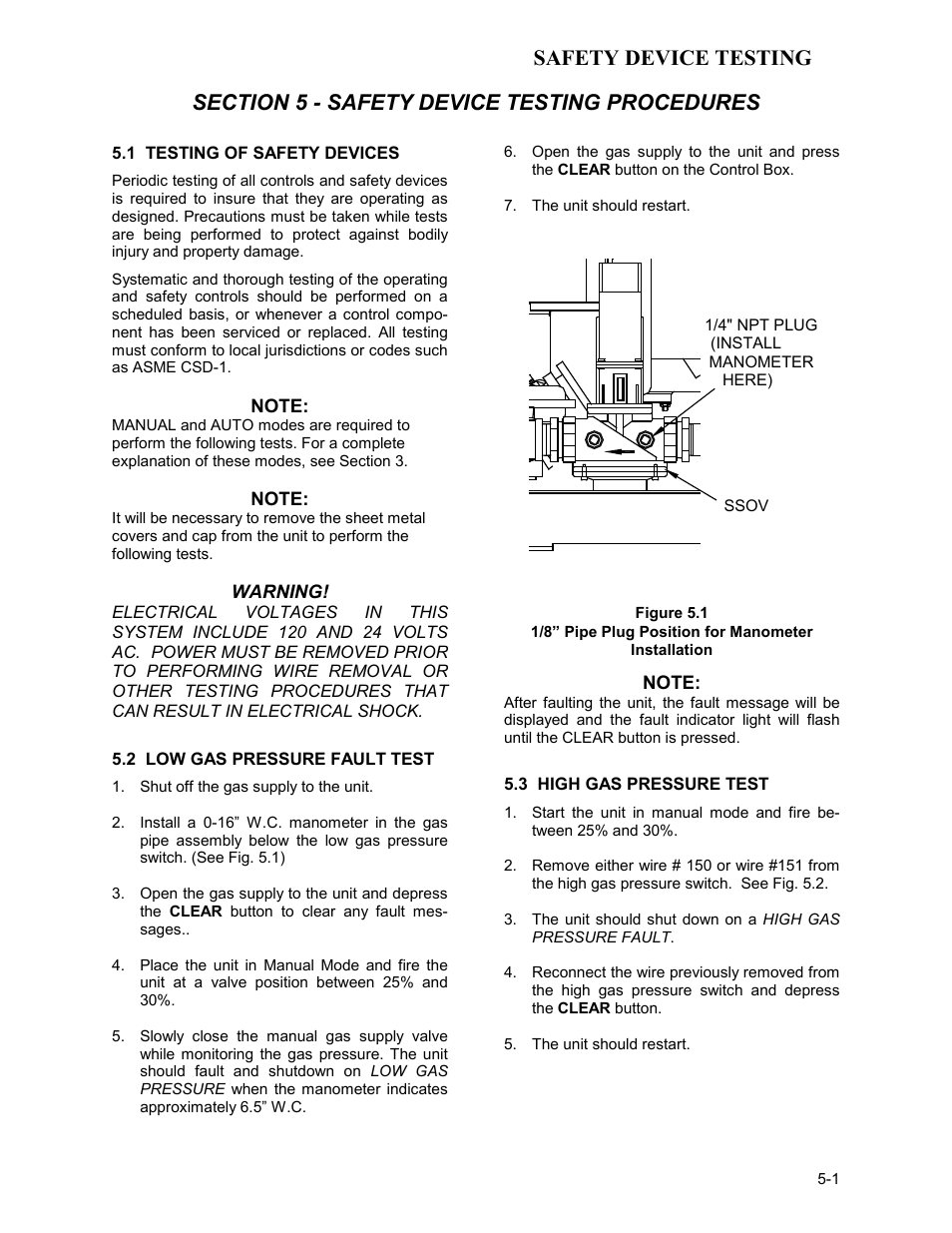 Kc-h-ch5-05-19-09, Section 5 - safety device testing procedures, 1 testing of safety devices | 2 low gas pressure fault test, Figure 5.1, 1/8” pipe plug position for manometer installation, 3 high gas pressure test, Safety device testing | AERCO KC Series Equipped with C-More Controller for Massachusetts Only User Manual | Page 39 / 98