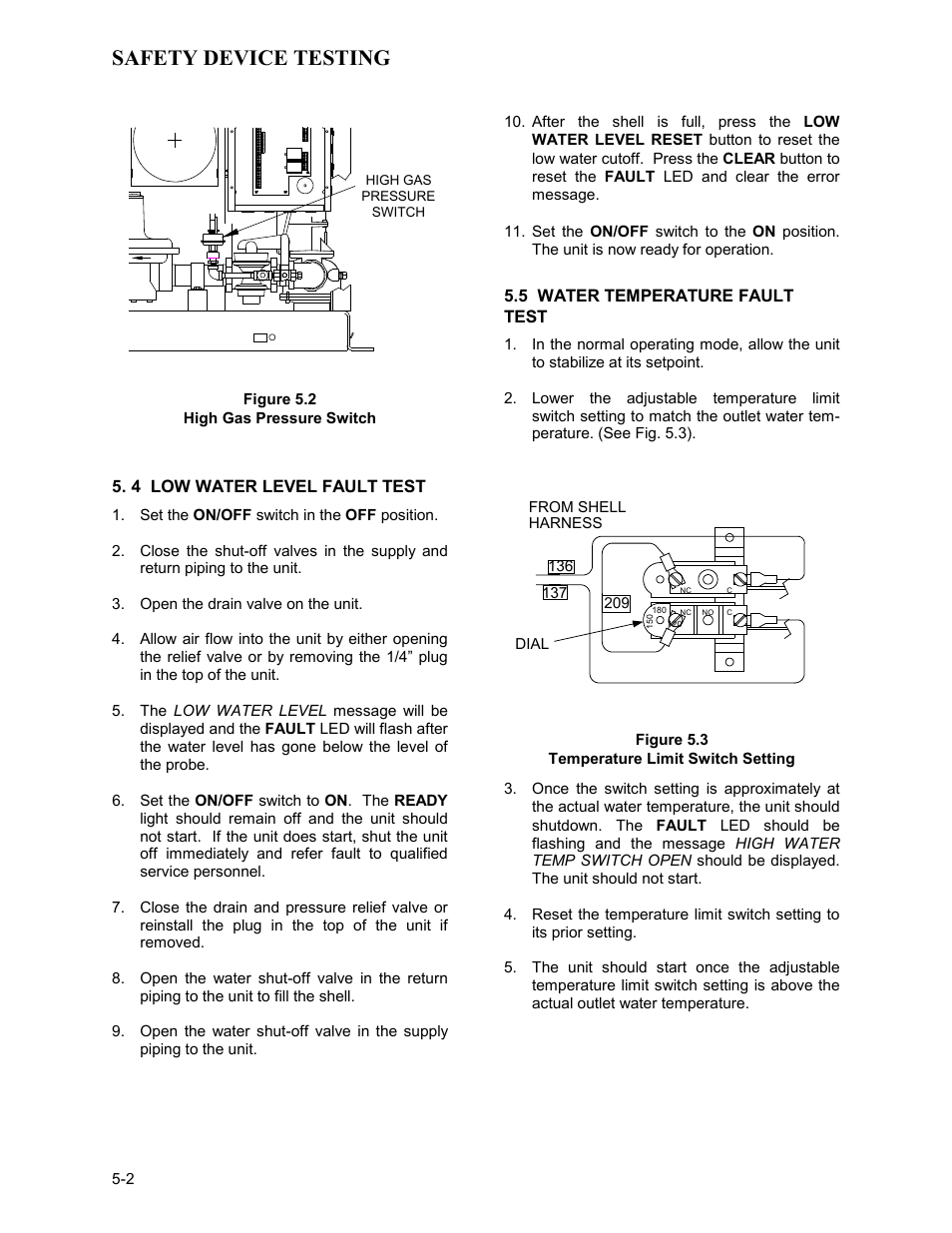 Figure 5.2, 4 low water level fault test, 5 water temperature fault test | Figure 5.3, Temperature limit switch setting, Safety device testing | AERCO KC Series Equipped with C-More Controller for Massachusetts Only User Manual | Page 40 / 98