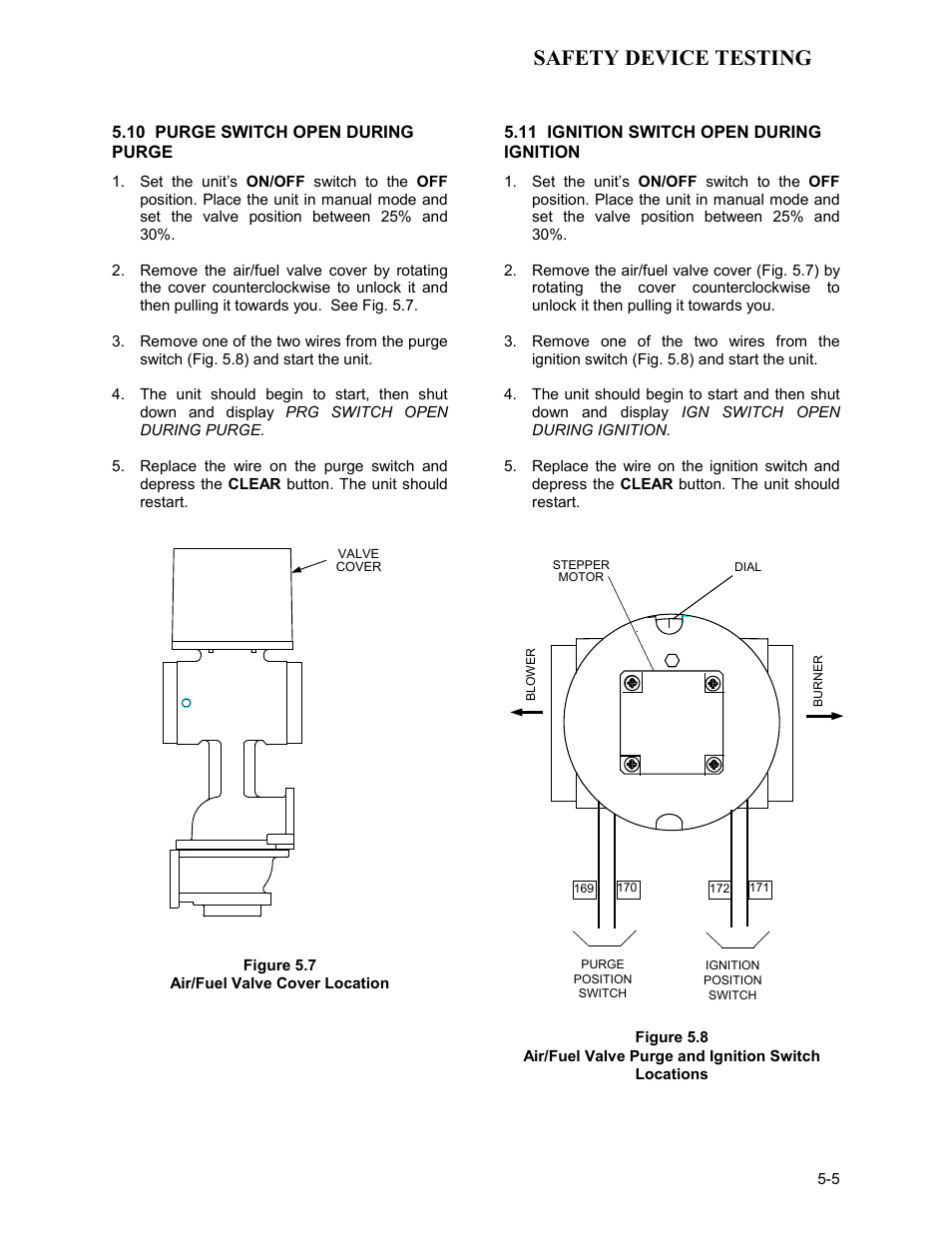 10 purge switch open during purge, Figure 5.7, Air/fuel valve cover location | 11 ignition switch open during ignition, Figure 5.8, Air/fuel valve purge and ignition switch locations, Safety device testing | AERCO KC Series Equipped with C-More Controller for Massachusetts Only User Manual | Page 43 / 98