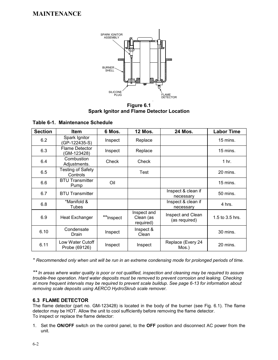 Figure 6.1, Spark ignitor and flame detector location, 3 flame detector | Maintenance | AERCO KC Series Equipped with C-More Controller for Massachusetts Only User Manual | Page 46 / 98