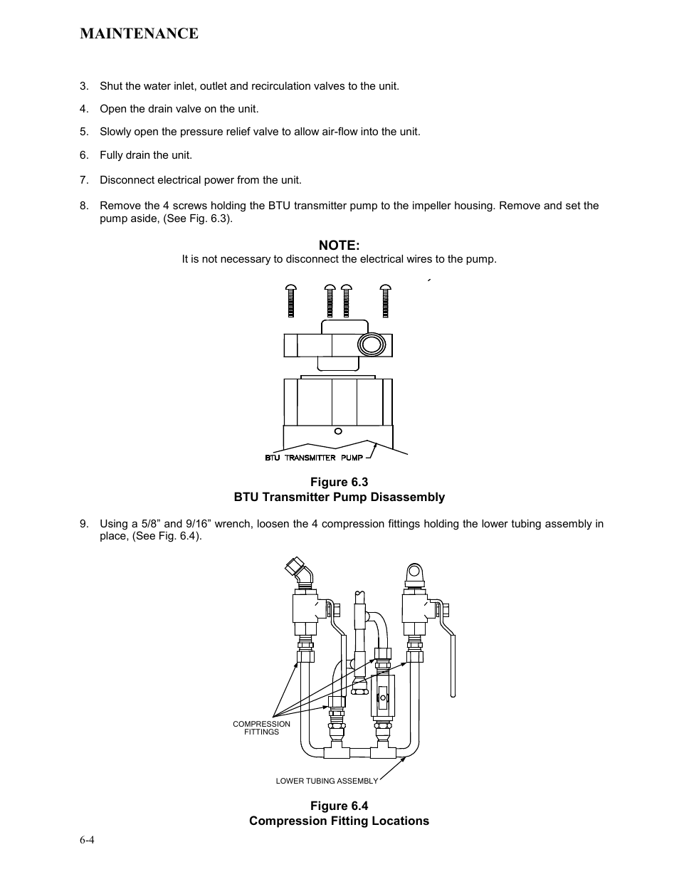 Figure 6.3, Btu transmitter pump disassembly, Figure 6.4 | Compression fitting locations, Maintenance | AERCO KC Series Equipped with C-More Controller for Massachusetts Only User Manual | Page 48 / 98