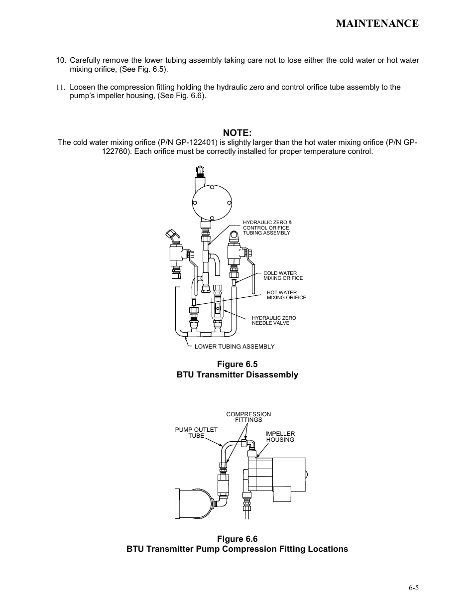 Figure 6.5, Btu transmitter disassembly, Figure 6.6 | Btu transmitter pump compression fitting locations, Maintenance | AERCO KC Series Equipped with C-More Controller for Massachusetts Only User Manual | Page 49 / 98