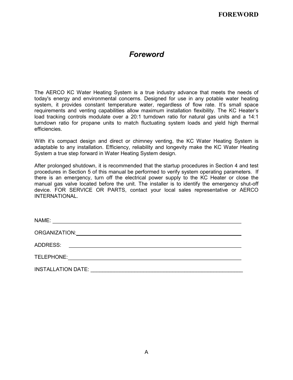 Kc-h-foreward-10-2-06-j, Foreword | AERCO KC Series Equipped with C-More Controller for Massachusetts Only User Manual | Page 5 / 98