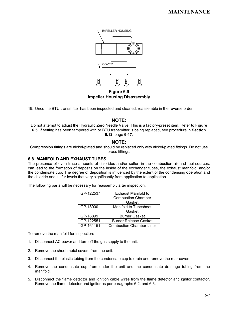 Figure 6.9, Impeller housing disassembly, 8 manifold and exhaust tubes | Maintenance | AERCO KC Series Equipped with C-More Controller for Massachusetts Only User Manual | Page 51 / 98