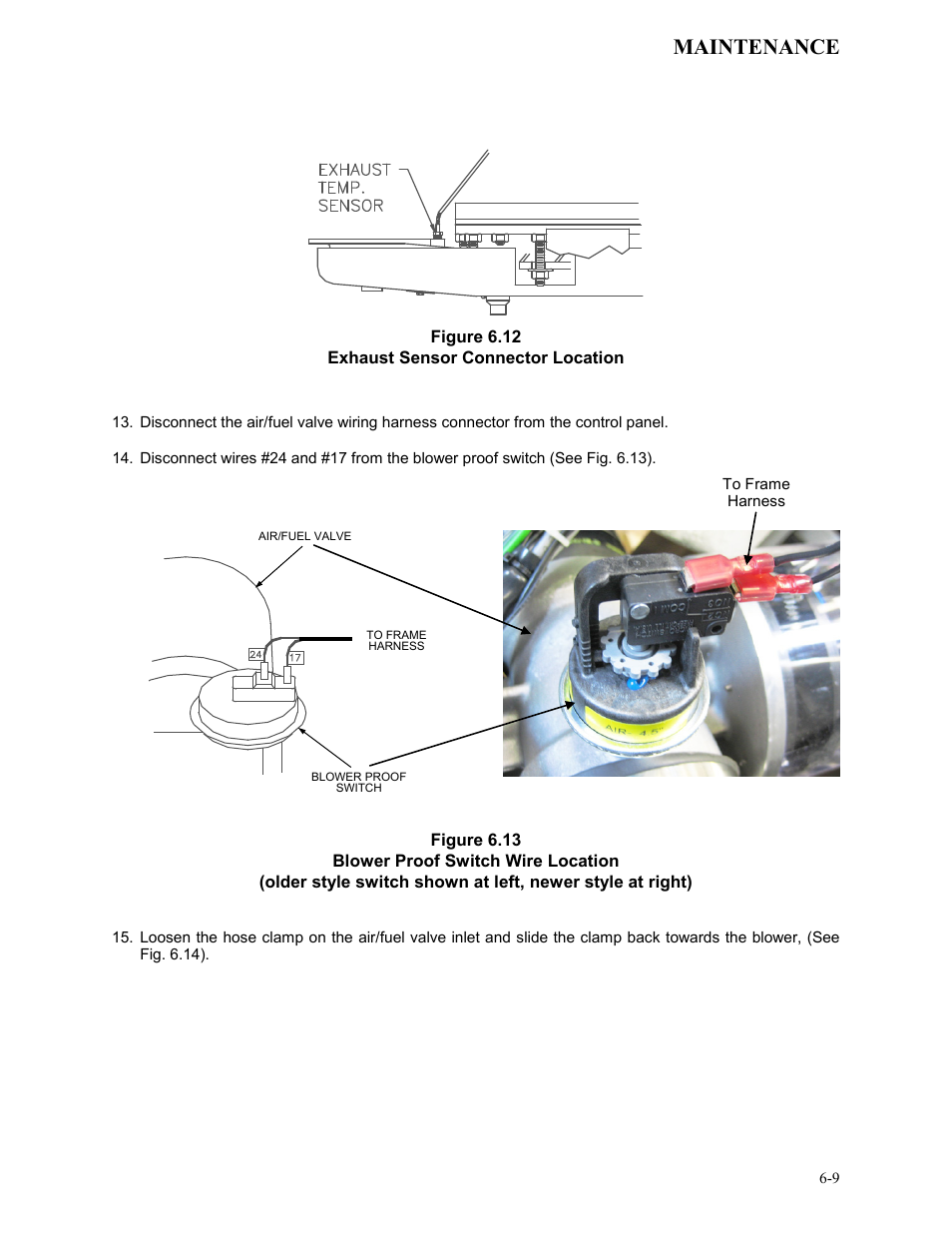 Figure 6.12, Exhaust sensor connector location, Figure 6.13 | Blower proof switch wire location, Maintenance | AERCO KC Series Equipped with C-More Controller for Massachusetts Only User Manual | Page 53 / 98