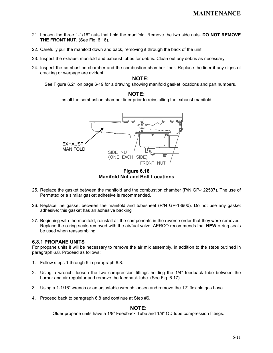 Figure 6.16, Manifold nut and bolt locations, 1 propane units | Maintenance | AERCO KC Series Equipped with C-More Controller for Massachusetts Only User Manual | Page 55 / 98