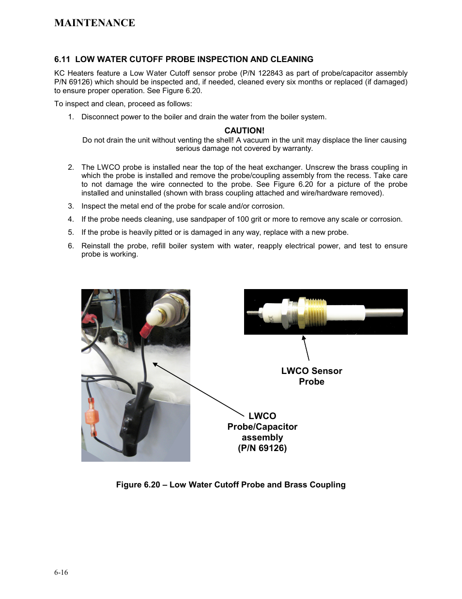 11 low water cutoff probe inspection and cleaning, Maintenance | AERCO KC Series Equipped with C-More Controller for Massachusetts Only User Manual | Page 60 / 98