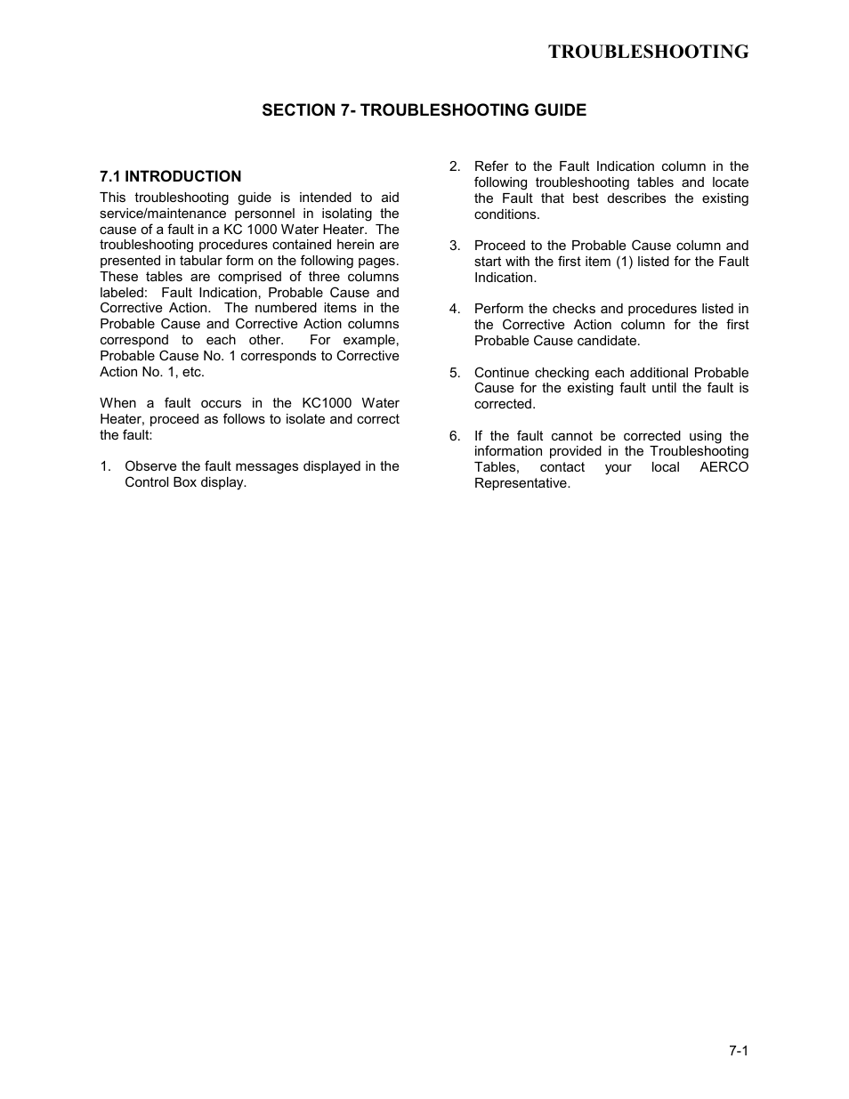 Kc-h-ch7_09-29-10, Section 7- troubleshooting guide, 1 introduction | Troubleshooting | AERCO KC Series Equipped with C-More Controller for Massachusetts Only User Manual | Page 64 / 98