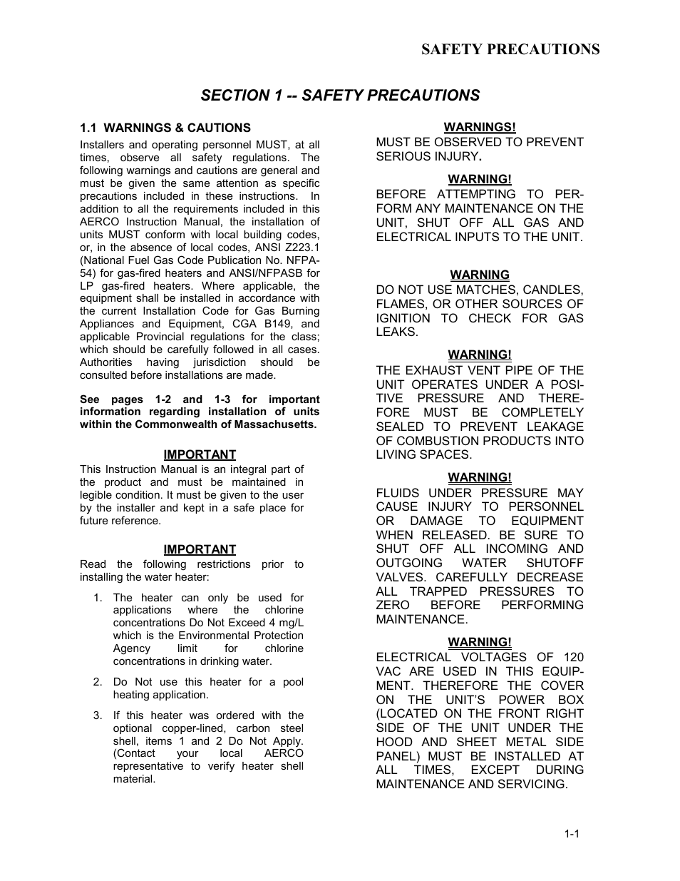 Kc-h-ch1-05-12-09, 1 warnings & cautions, Safety precautions | AERCO KC Series Equipped with C-More Controller for Massachusetts Only User Manual | Page 7 / 98