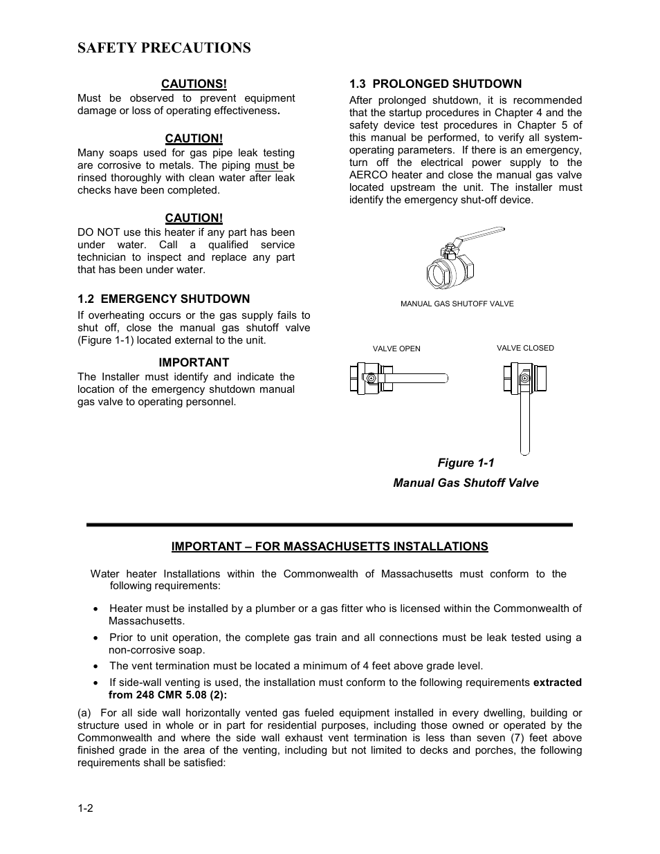 2 emergency shutdown, 3 prolonged shutdown, Safety precautions | AERCO KC Series Equipped with C-More Controller for Massachusetts Only User Manual | Page 8 / 98