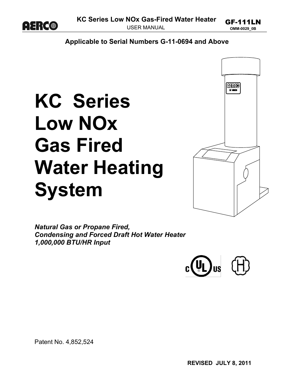 AERCO KC1000 Low NOx Water Heater July 2011 User Manual | 118 pages