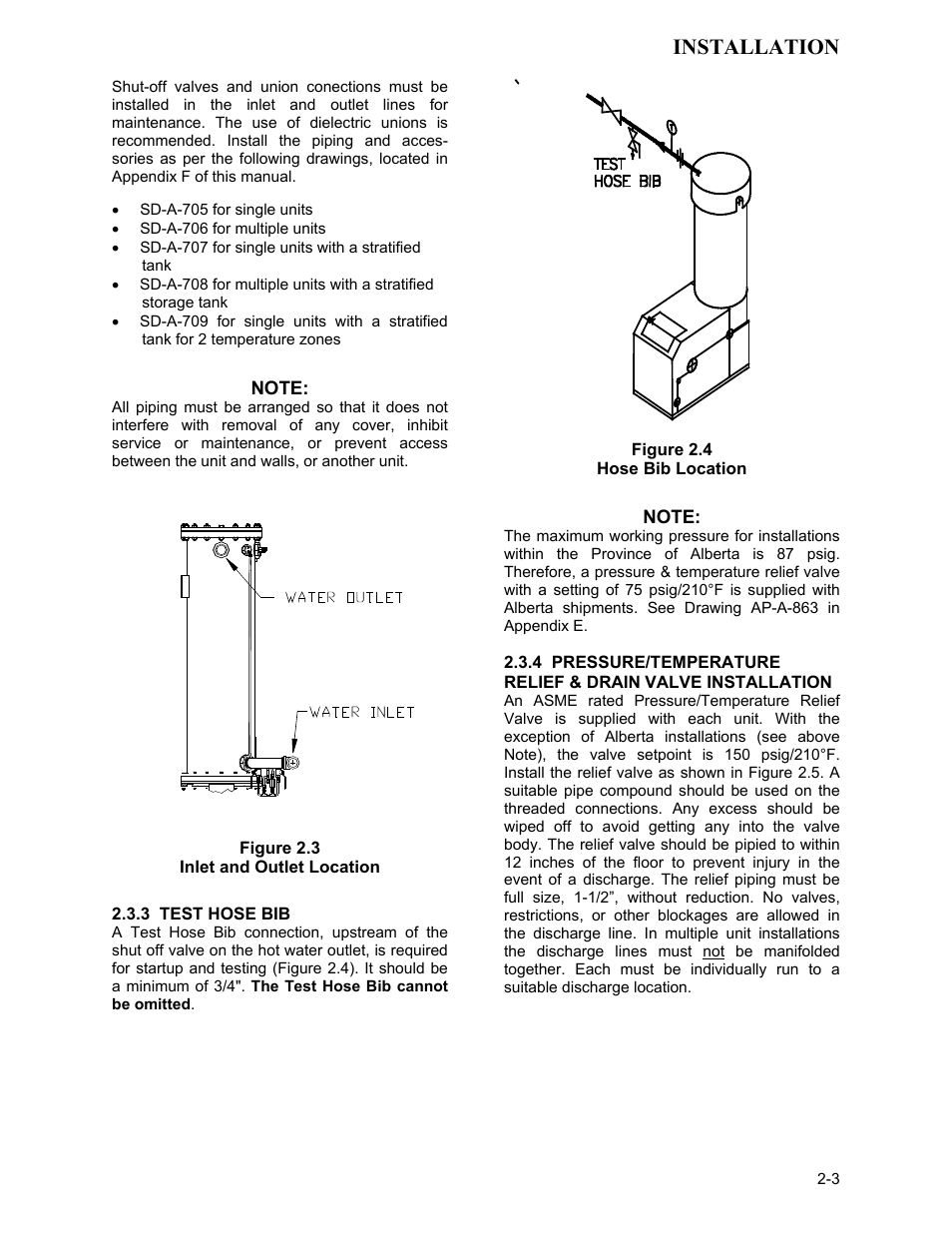 Figure 2.3, Inlet and outlet location, Figure 2.4 | Hose bib location, Installation | AERCO KC1000 Low NOx Water Heater July 2011 User Manual | Page 11 / 118