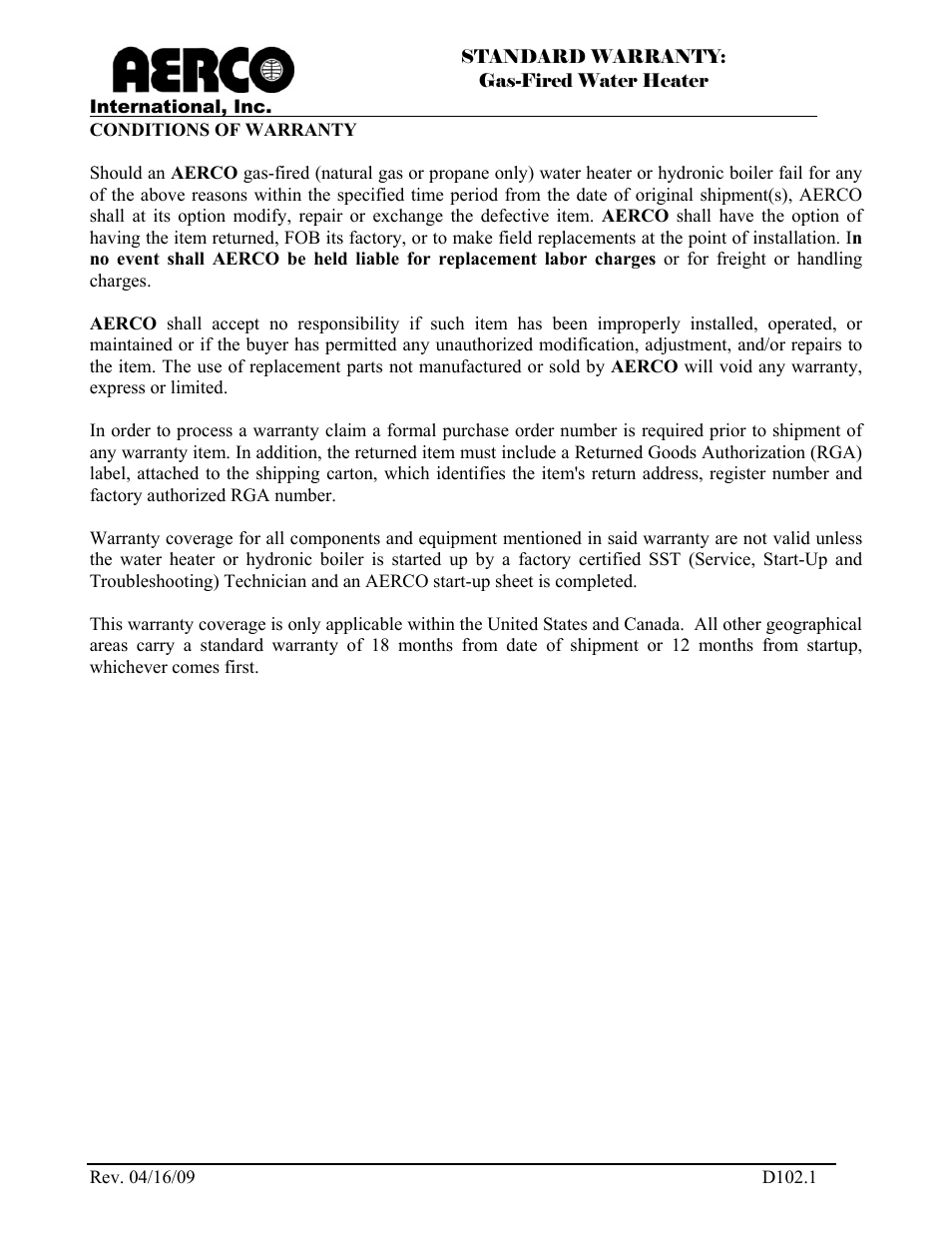 AERCO KC1000 Low NOx Water Heater July 2011 User Manual | Page 116 / 118