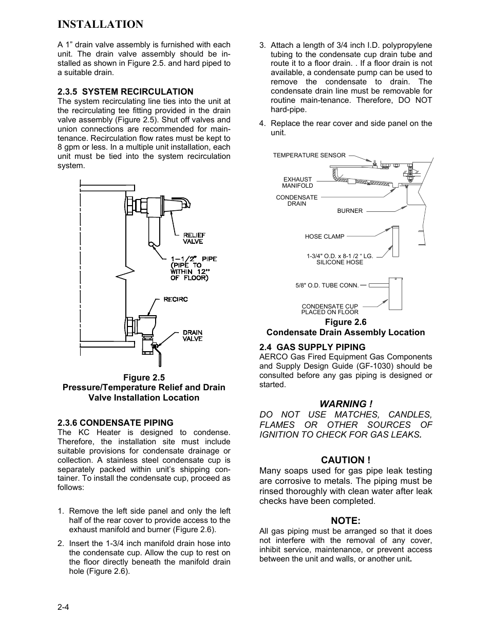 Figure 2.5, Figure 2.6, Condensate drain assembly location | 4 gas supply piping, Installation | AERCO KC1000 Low NOx Water Heater July 2011 User Manual | Page 12 / 118