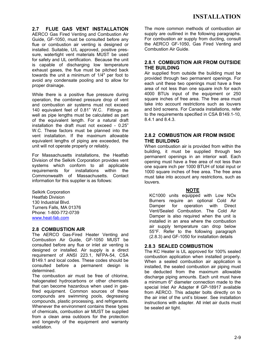 8 combustion air, 1 combustion air from outside the building, 2 combustion air from inside the building | Note, Installation | AERCO KC1000 Low NOx Water Heater July 2011 User Manual | Page 17 / 118