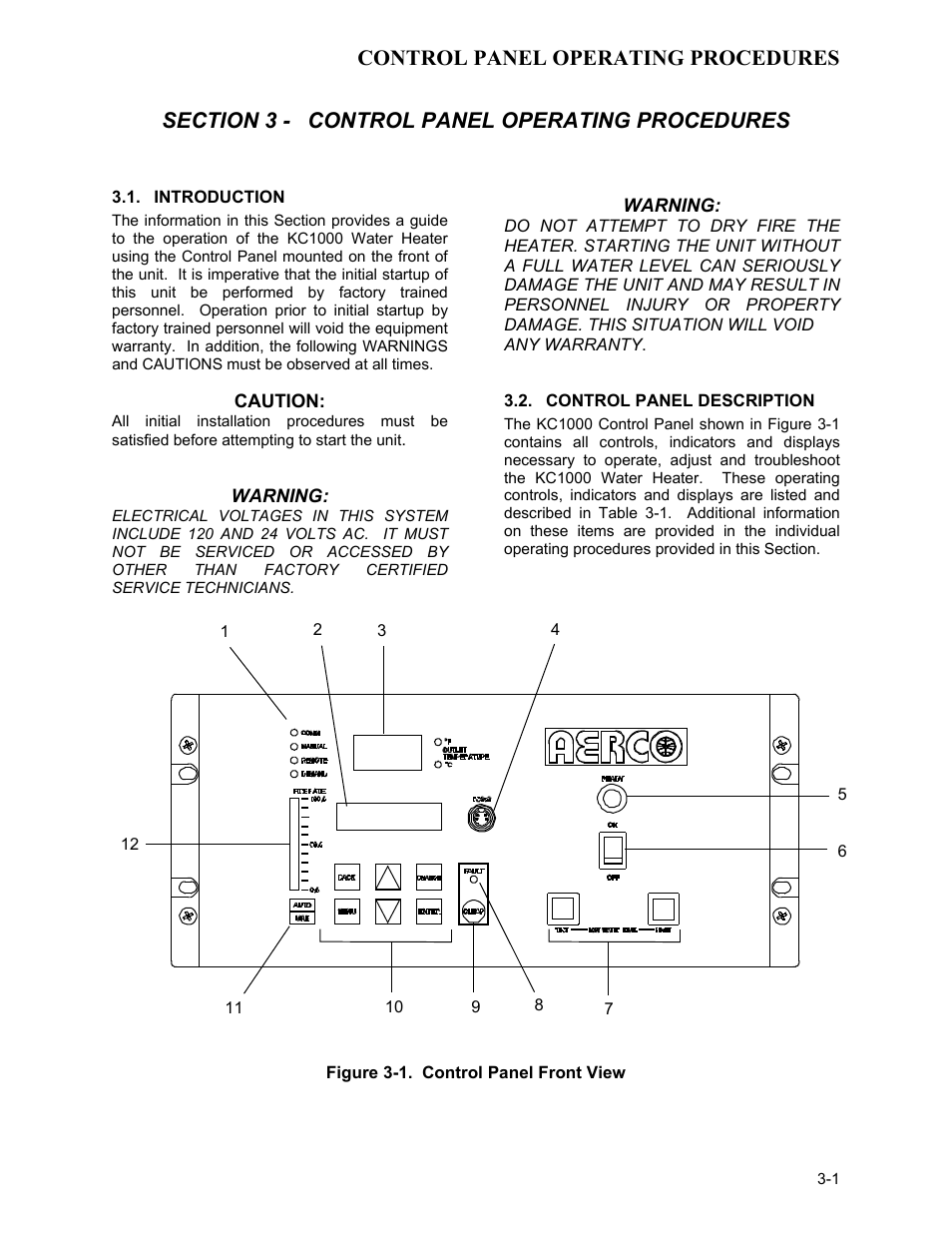 Section 3 - control panel operating procedures, Introduction, Control panel description | Control panel operating procedures | AERCO KC1000 Low NOx Water Heater July 2011 User Manual | Page 19 / 118