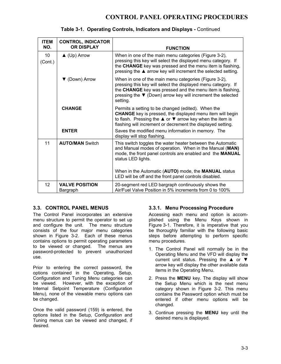 Control panel menus, Menu processing procedure, Control panel operating procedures | AERCO KC1000 Low NOx Water Heater July 2011 User Manual | Page 21 / 118