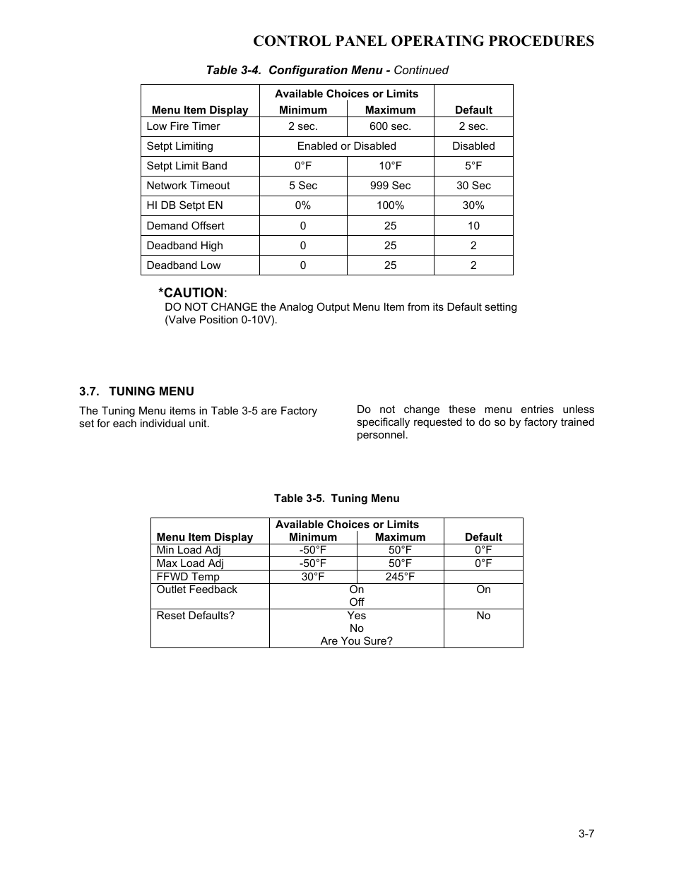 Tuning menu, Control panel operating procedures | AERCO KC1000 Low NOx Water Heater July 2011 User Manual | Page 25 / 118