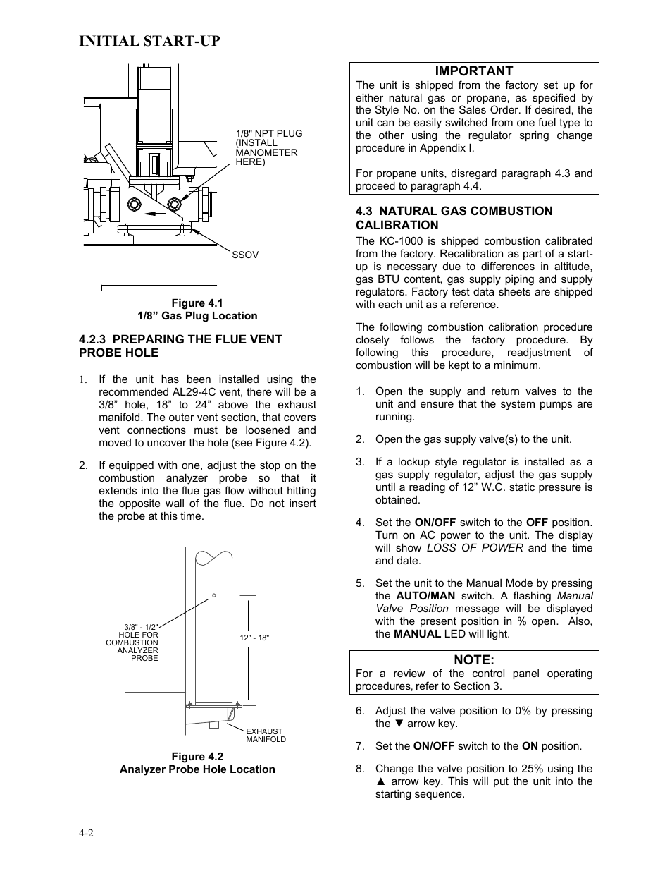 Figure 4.1, 1/8” gas plug location, 3 preparing the flue vent probe hole | Figure 4.2, Analyzer probe hole location, 3 natural gas combustion calibration, Initial start-up, Important | AERCO KC1000 Low NOx Water Heater July 2011 User Manual | Page 30 / 118