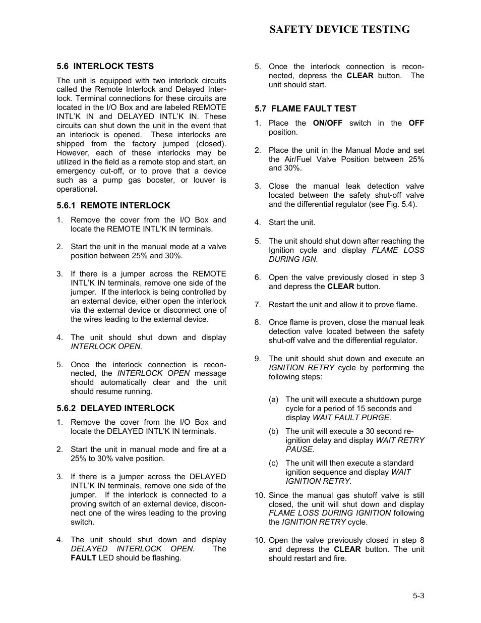 6 interlock tests, 1 remote interlock, 2 delayed interlock | 7 flame fault test, Safety device testing | AERCO KC1000 Low NOx Water Heater July 2011 User Manual | Page 41 / 118