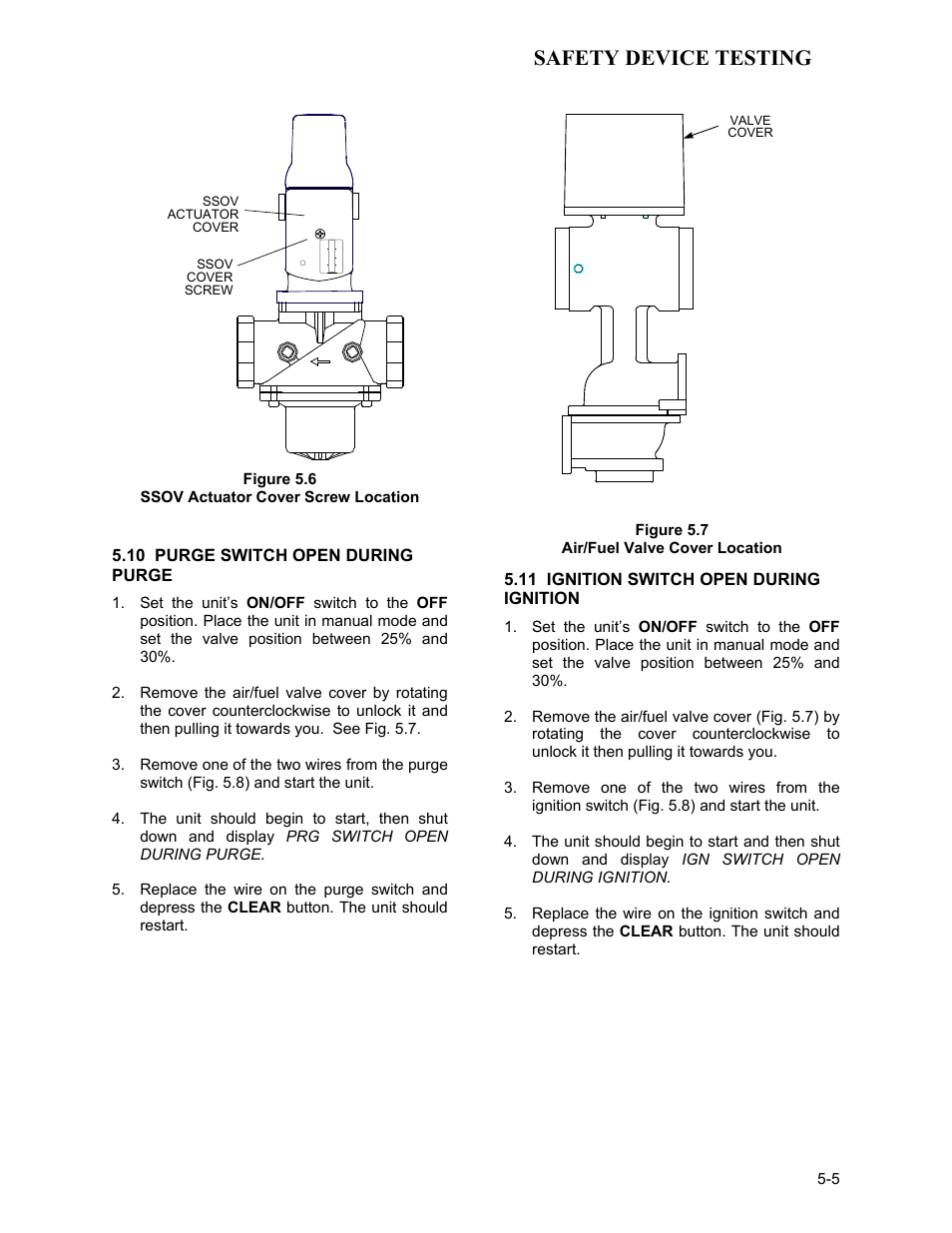 Figure 5.6, Ssov actuator cover screw location, 10 purge switch open during purge | Figure 5.7, Air/fuel valve cover location, 11 ignition switch open during ignition, Safety device testing | AERCO KC1000 Low NOx Water Heater July 2011 User Manual | Page 43 / 118