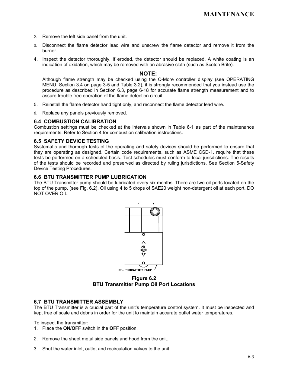 4 combustion calibration, 5 safety device testing, 6 btu transmitter pump lubrication | Figure 6.2, Btu transmitter pump oil port locations, 7 btu transmitter assembly, Maintenance | AERCO KC1000 Low NOx Water Heater July 2011 User Manual | Page 47 / 118