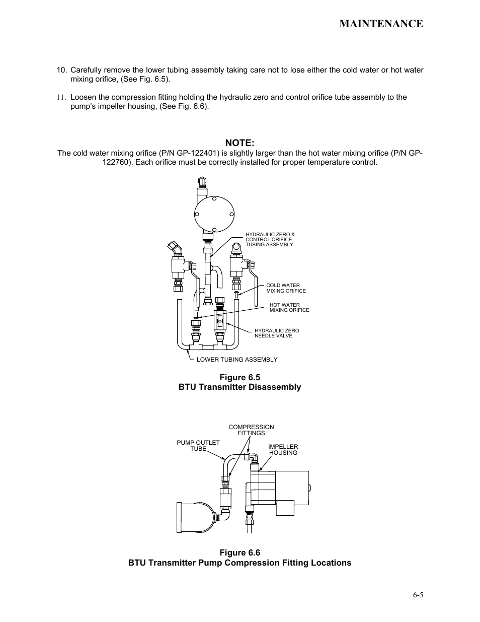Figure 6.5, Btu transmitter disassembly, Figure 6.6 | Btu transmitter pump compression fitting locations, Maintenance | AERCO KC1000 Low NOx Water Heater July 2011 User Manual | Page 49 / 118