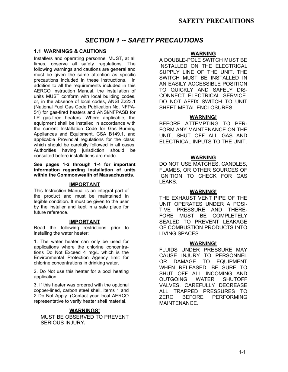 1 warnings & cautions, Safety precautions | AERCO KC1000 Low NOx Water Heater July 2011 User Manual | Page 5 / 118