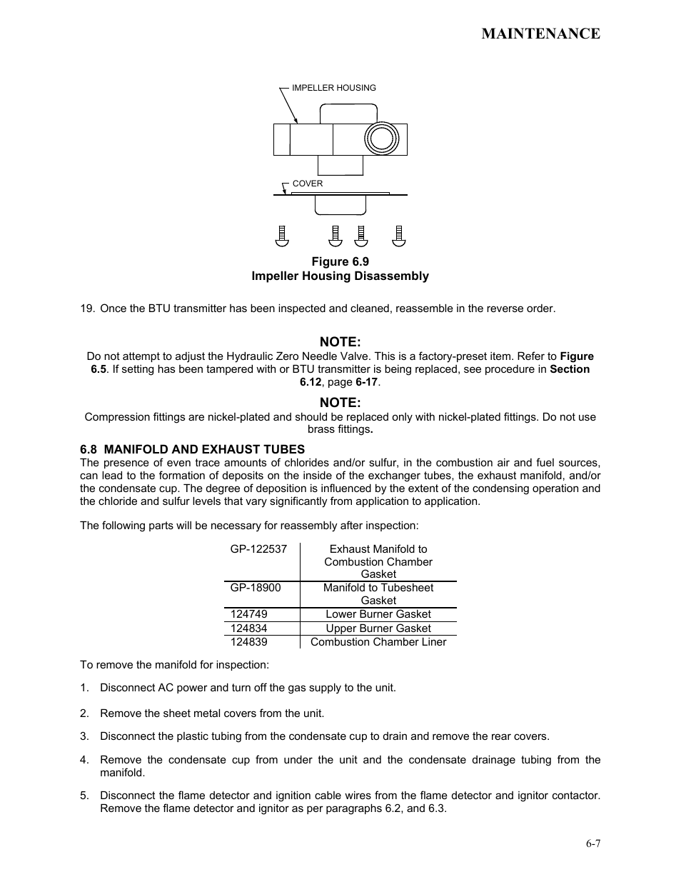 Figure 6.9, Impeller housing disassembly, 8 manifold and exhaust tubes | Maintenance | AERCO KC1000 Low NOx Water Heater July 2011 User Manual | Page 51 / 118