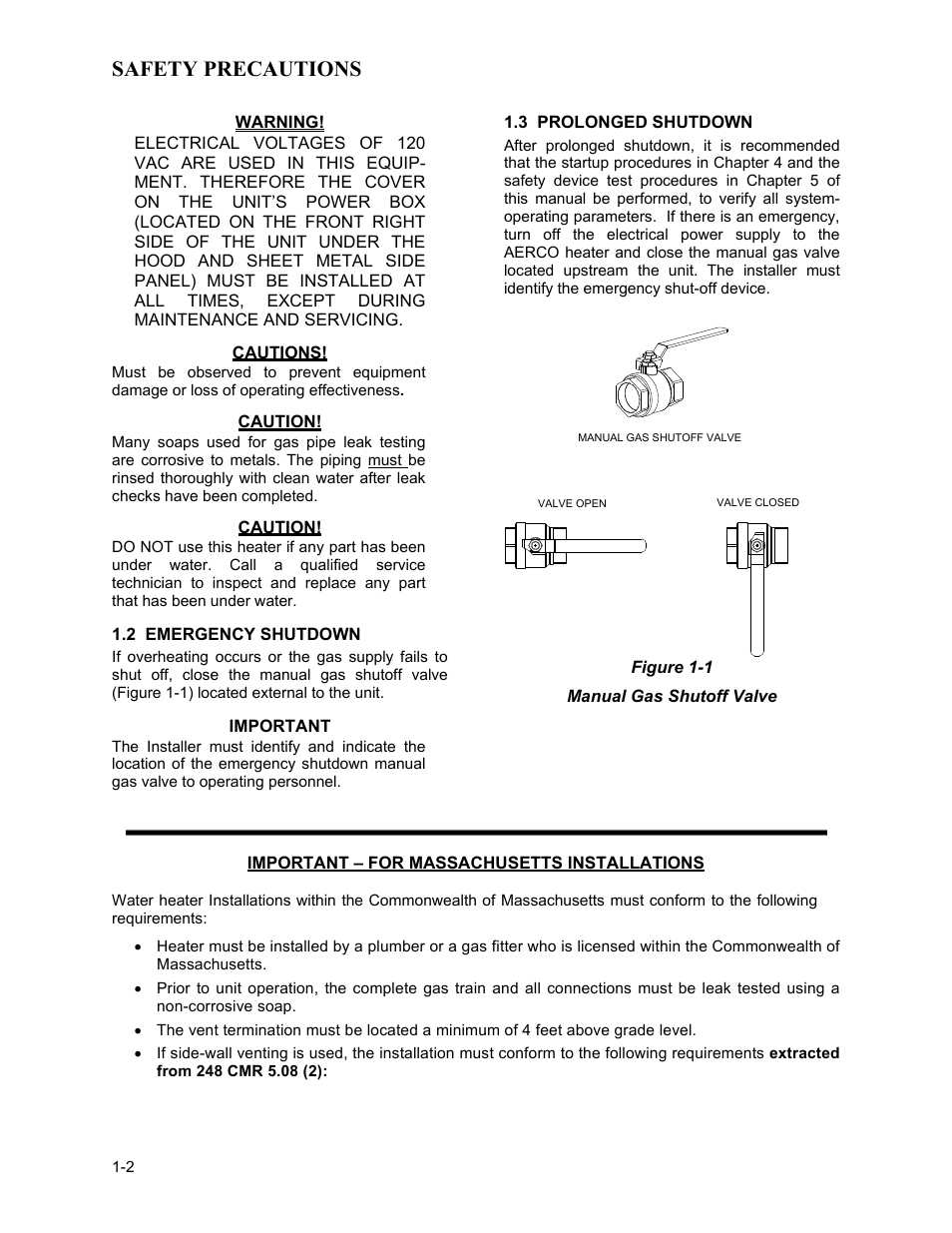2 emergency shutdown, 3 prolonged shutdown, Safety precautions | AERCO KC1000 Low NOx Water Heater July 2011 User Manual | Page 6 / 118