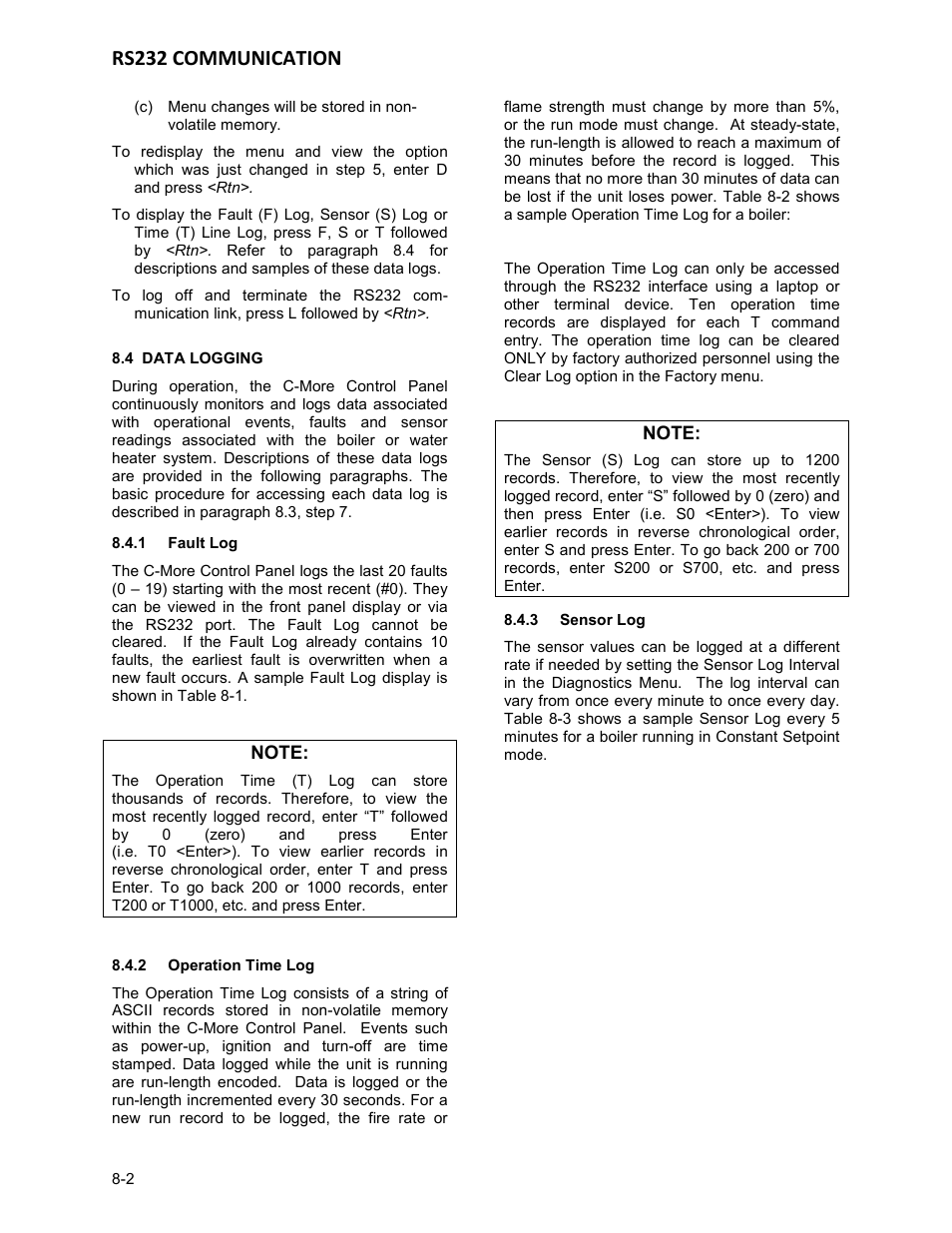 Data logging, 1 fault log, 2 operation time log | 3 sensor log, Rs232 communication | AERCO KC1000 Low NOx Water Heater July 2011 User Manual | Page 76 / 118