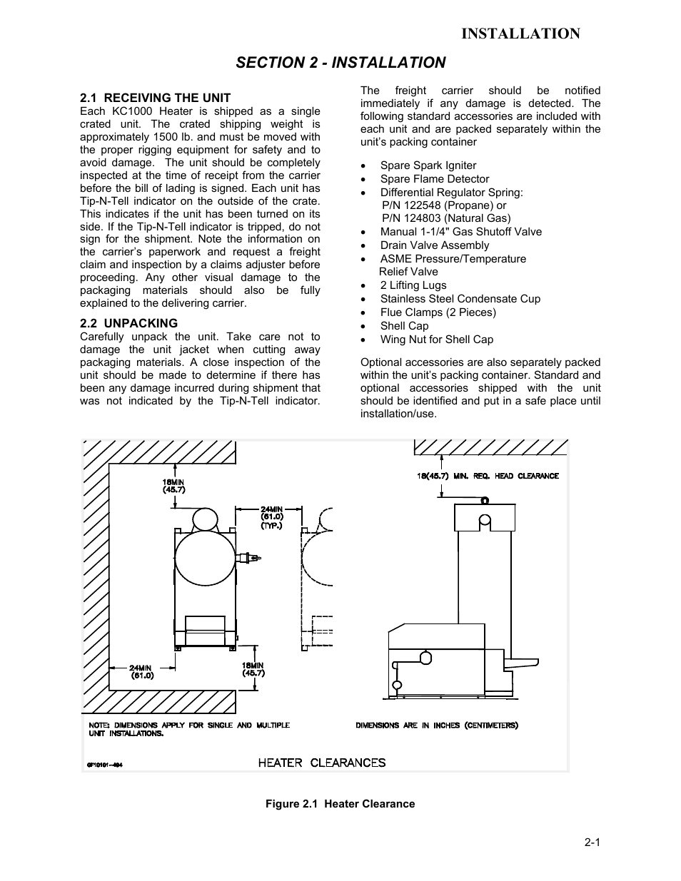 1 receiving the unit, 2 unpacking, Installation | AERCO KC1000 Low NOx Water Heater July 2011 User Manual | Page 9 / 118