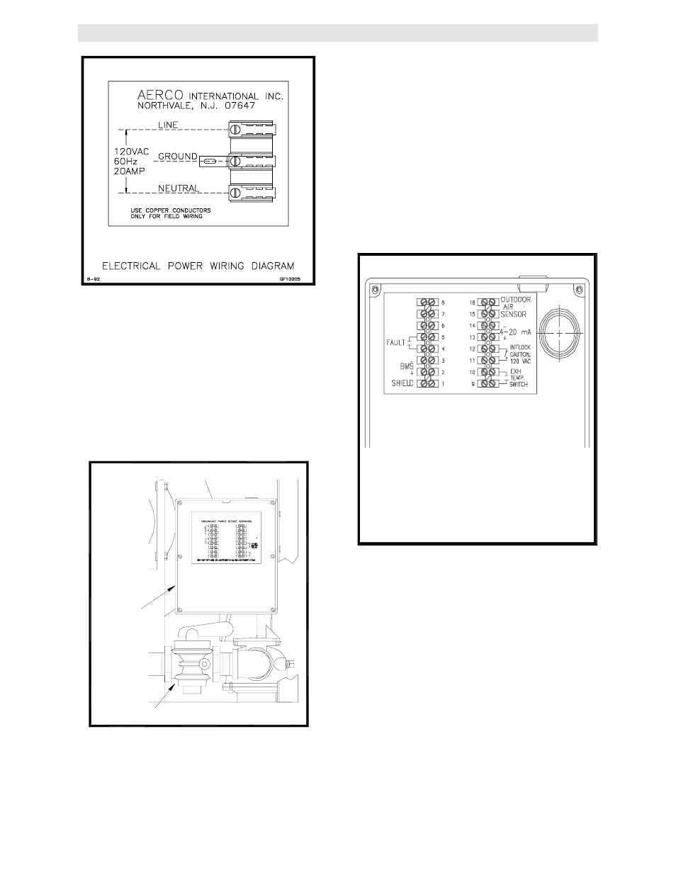 Figure 2.8, Electrical wiring diagram, Figure 2.9 | Field control wiring box location, Figure 2.10, Field control box wiring, Installation procedures, 2 the fault relay, Field control gas shut-off valve blower box wiring | AERCO KC1000 Heater w/Mod-Box Controller User Manual | Page 12 / 84