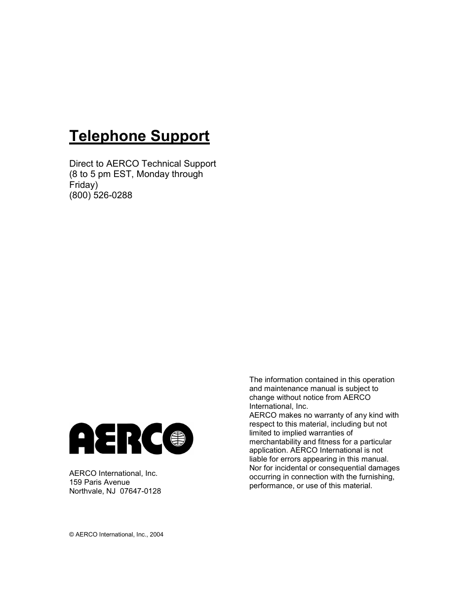 Telephone support, Direct to aerco technical support | AERCO KC1000 Heater w/Mod-Box Controller User Manual | Page 2 / 84