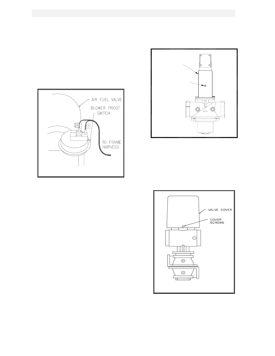 Figure 5.4, Blower proof switch location and wiring, Figure 5.5 | Ssov actuator set screw location, Figure 5.6, Air/fuel valve cover screw locations, Safety device testing | AERCO KC1000 Heater w/Mod-Box Controller User Manual | Page 32 / 84