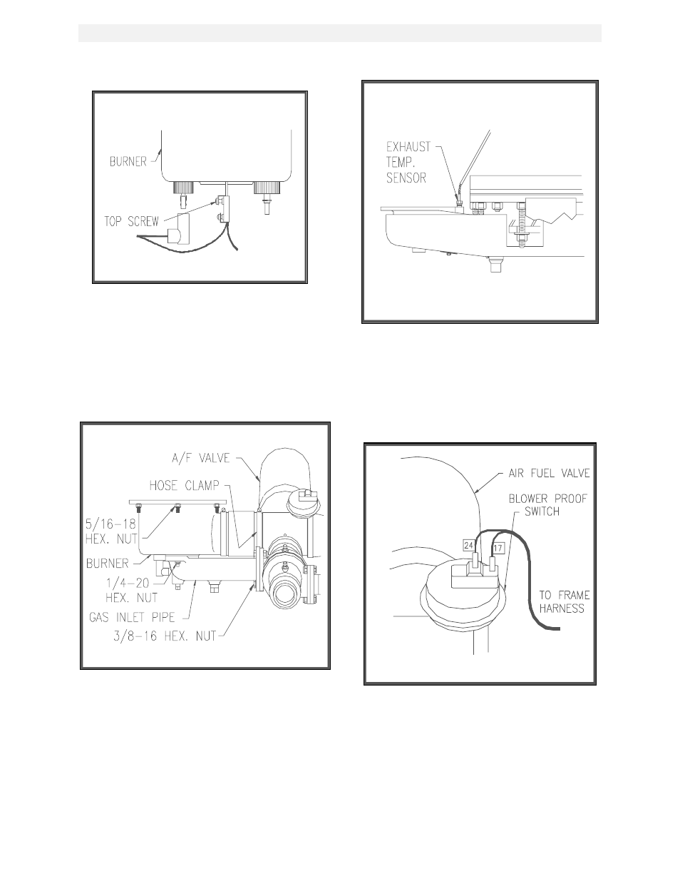 Figure 6.11, Grounding terminal location, Figure 6.12 | Burner disassembly diagram, Figure 6.13, Exhaust sensor connector location, Figure 6.14, Blower proof switch wire locations, Maintenance | AERCO KC1000 Heater w/Mod-Box Controller User Manual | Page 39 / 84