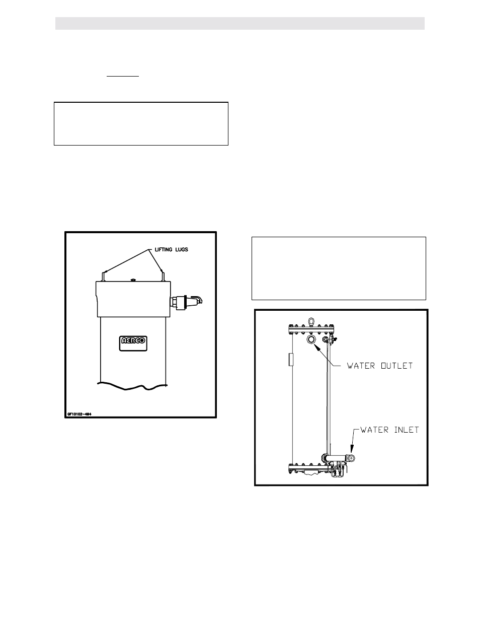 Heater clearances, Figure 2.2, Lifting lug location | Figure 2.3, Inlet and outlet location, Installation procedures | AERCO KC1000 Heater w/Mod-Box Controller User Manual | Page 8 / 84