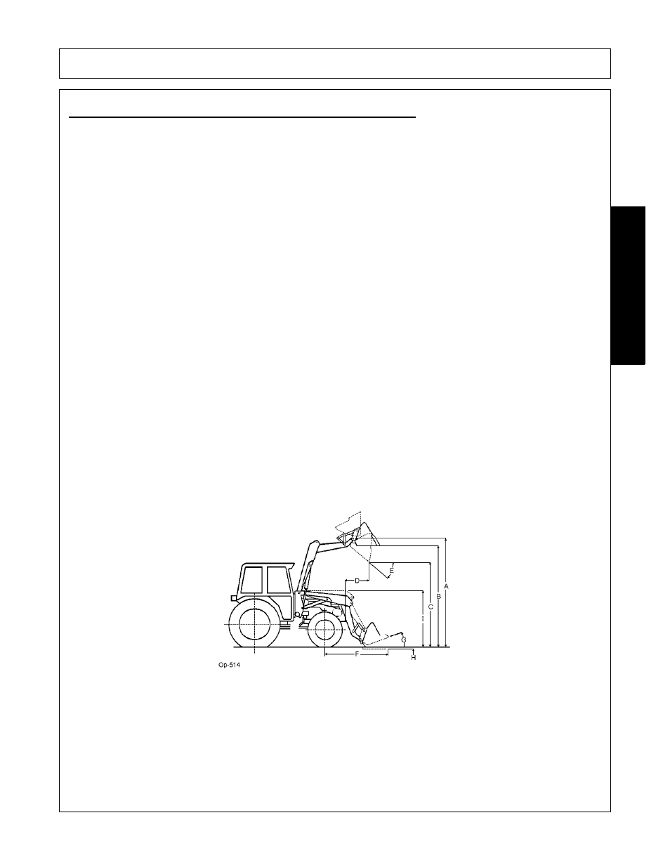 Standard equipment and specifications, A. maximum lift height at pivot pin 83, B. maximum height under bucket 78 | C. clearance with bucket dumped 66, D. reach at maximum lift height 30, E. maximum dump angle 45, F. reach with bucket on ground 59, G. bucket rollback angle 25, H. digging depth 4, I. overall height in carry position 47.50 | Bush Hog 1145 User Manual | Page 43 / 100