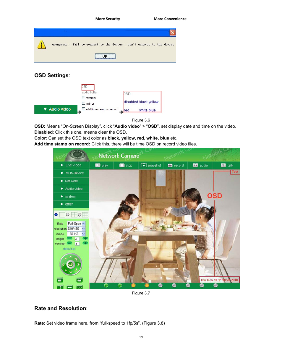 Osd settings, Rate and resolution | Agasio A502W User Manual | Page 19 / 56